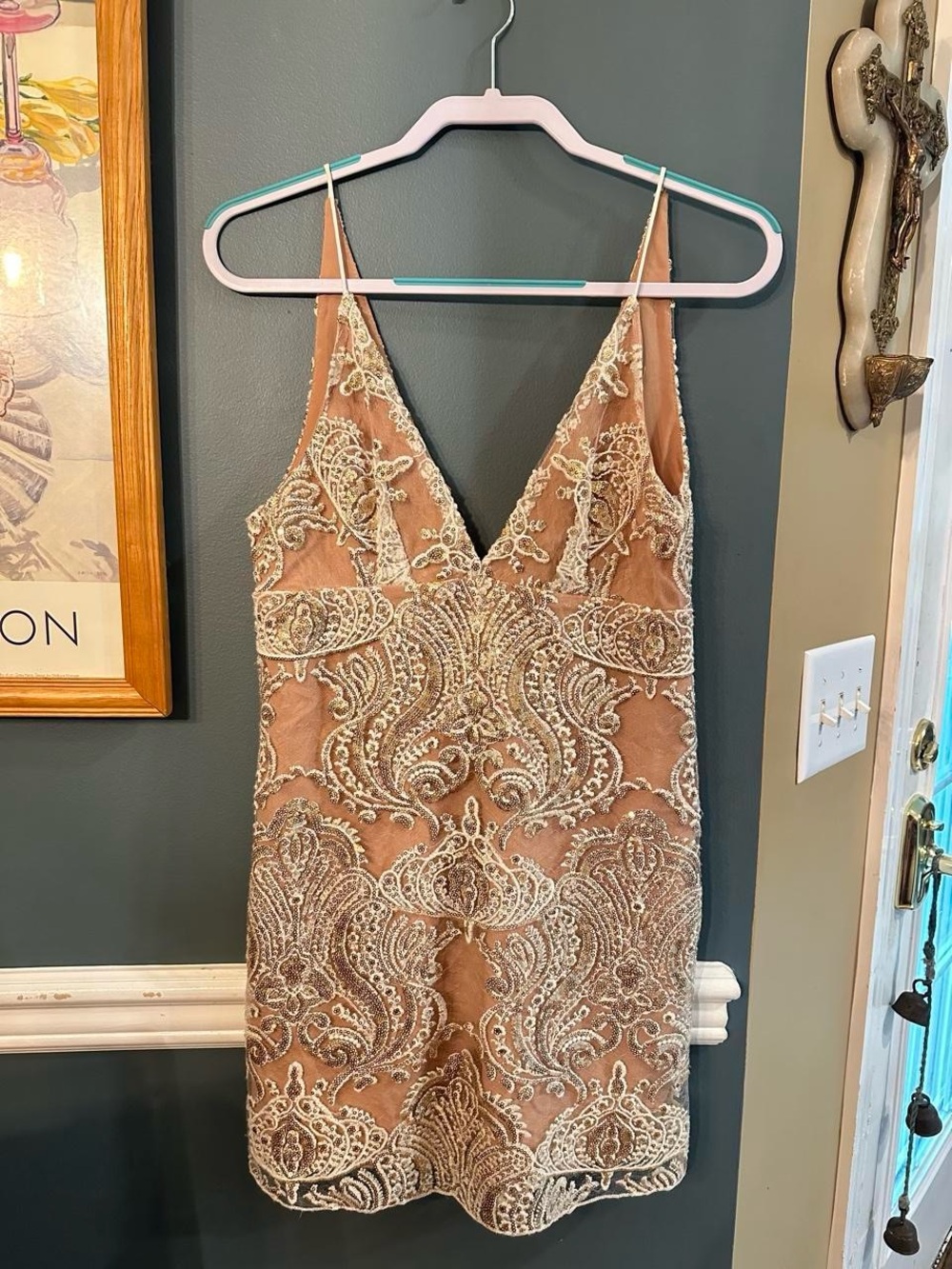 Free People Nude Beaded V-Neck Mini Dress